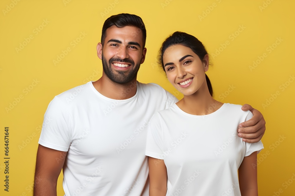 Portrait of a Happy Fictional Diverse Couple Smiling. Isolated on a Plain Colored Background. Generative AI Illustration. Portrait of a Happy Fictional Diverse Couple Smiling. Isolated on a Plain Colored Background. Generative AI Illustration.