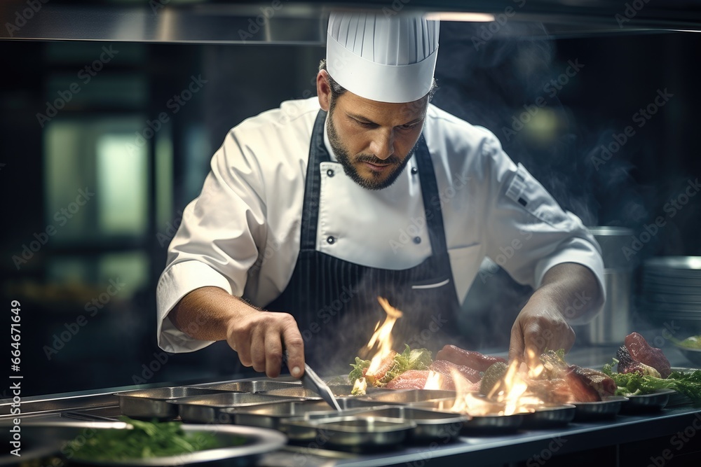 Chef man meticulously preparing gourmet dishes in a state-of-the-art kitchen. Chef man meticulously preparing gourmet dishes in a state-of-the-art kitchen.