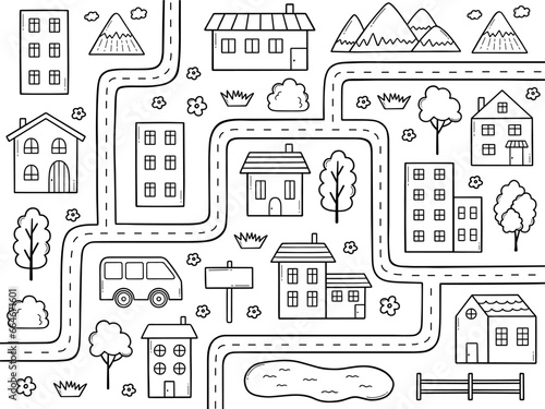 Kids town map doodle. City map with mountains, cars, forest, roads, house, river. Landscape for children in sketch style. Hand drawn vector illustration isolated on white background