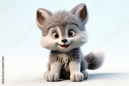 Wolf on a white background. Adorable 3D cartoon animal portrait.