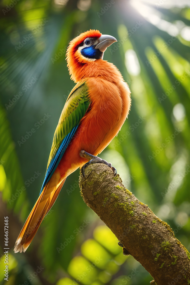 Obraz premium Colorful tropical bird in jungle on a sunny day. Rainforest illustration with bright beautiful birdie among exotic plants with big leaves. Background with pristine nature landscape. Generative AI