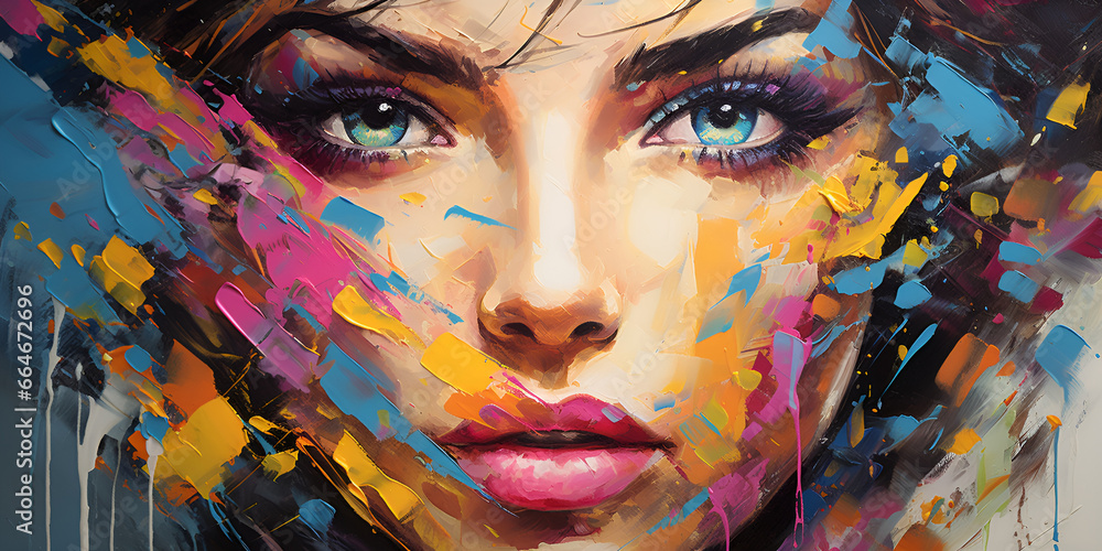 Obraz premium A painting of a woman with colorful paint all over, in the style of glamorous portraits, wavy, splattered paint, captivating gaze, eye-catching, textured canvas. Generative AI.