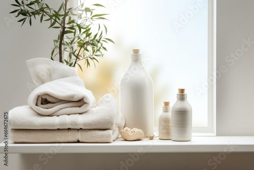 Ceramic bottles, cotton towels on window. Spa concept. Generative AI