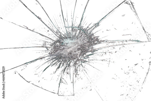 Close up of a broken glass with shards and cracks on transparent background 