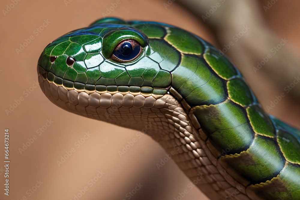 Close-up snake head. Illustration with serpent among wild nature. Generative AI Close-up snake head. Illustration with serpent among wild nature. Generative AI