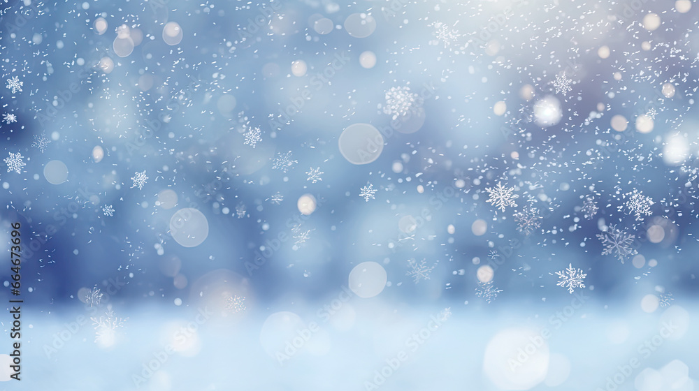 Christmas winter background with snow and blurred bokeh.Merry christmas and happy new year greeting card with copy-space