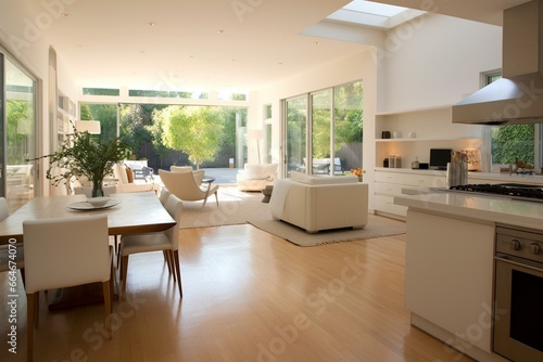 An airy living space with a bright kitchen and inviting outside area featuring a fireplace. Generative AI