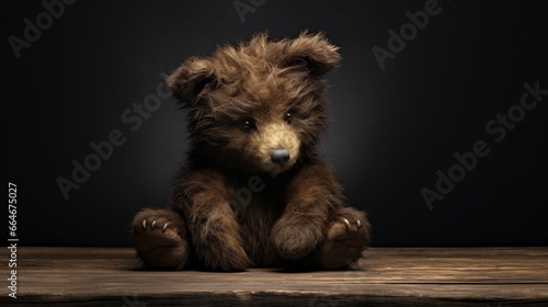 A small teddy bear with dark chocolate-colored fur, sitting on its haunches and gazing into the distance