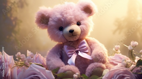 A delicate teddy bear with rose-pink fur, wearing a ribbon of soft lilac around its neck © Teddy Bear