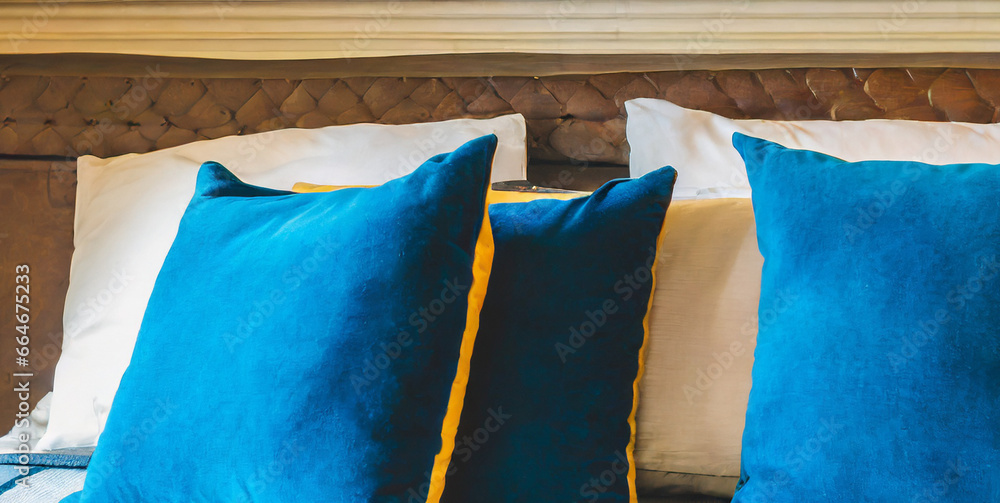 blue pillows on bed french country interior design of modern bedroom 