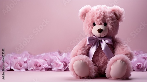 A delicate teddy bear with rose-pink fur, wearing a ribbon of soft lilac around its neck © Teddy Bear
