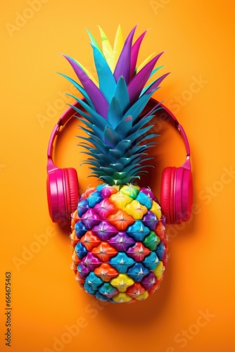 Fototapeta A pineapple with headphones and a pair of headphones. Vibrant pop art image.