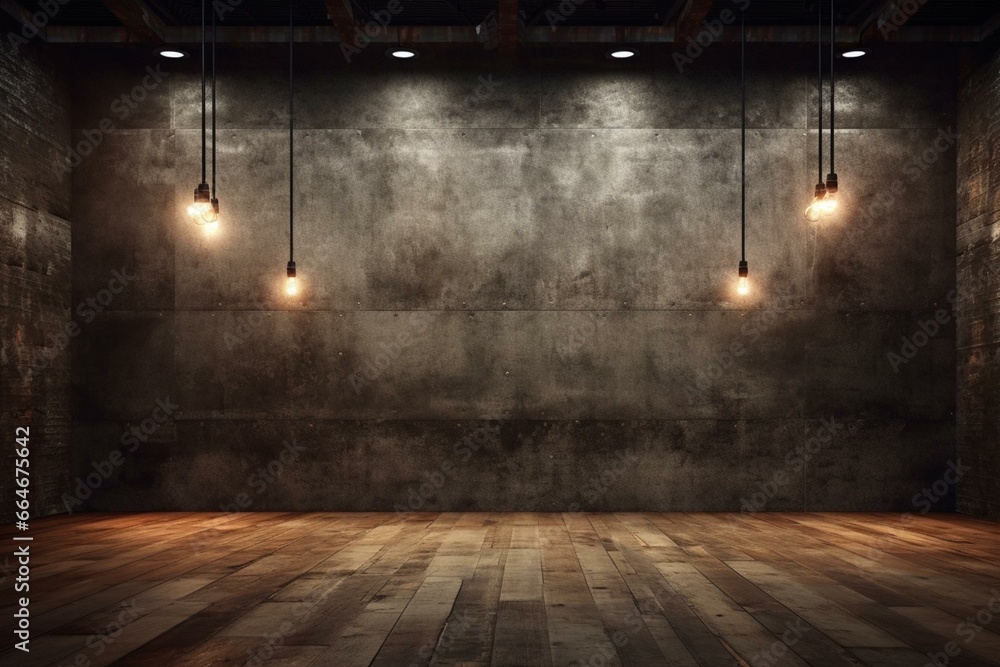 Dark industrial grunge background with ceiling lights, concrete slab walls, and wooden floor. Generative AI - obrazy, fototapety, plakaty 