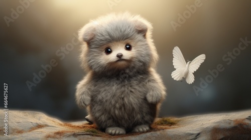 A tiny teddy bear with dove-grey fur, its button eyes exuding a sense of gentle wisdom