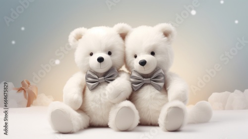 A little teddy bear with snowy-white fur, adorned with a satin bow tie, sitting in a relaxed pose © Teddy Bear