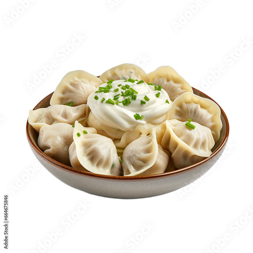 bowl of homemade pelmeni with sour cream isolated on white background, ai generated