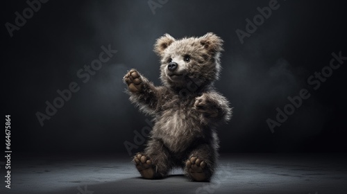 A miniature teddy bear with dark grey fur, standing on its hind legs and appearing inquisitive