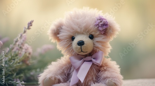 A delicate teddy bear with blush-pink fur, wearing a ribbon of soft lavender around its neck © Teddy Bear