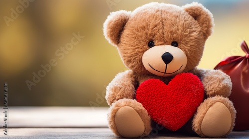 A small teddy bear with chestnut-brown fur, holding a plush red heart close to its chest © Teddy Bear
