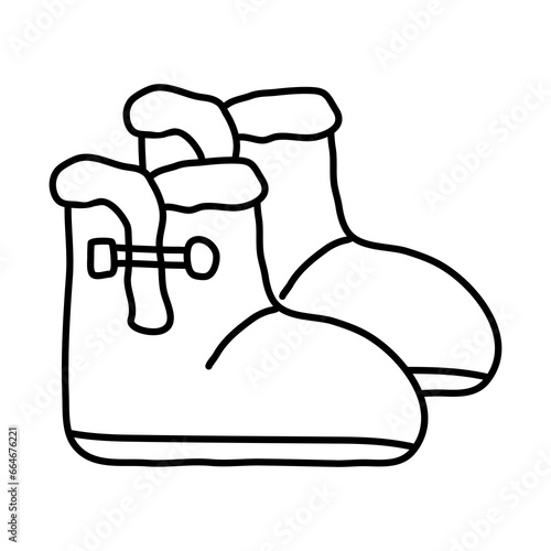 Warm winter suede boots with fur, doodle style flat vector outline for coloring book