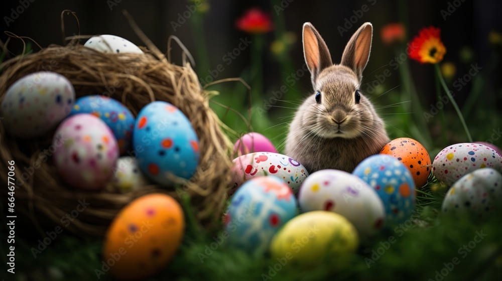 easter bunny hiding between colorful easter eggs and spring grass