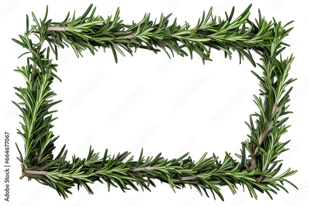 Rosemary leaves frame isolated on transparent background. Rectangular empty rosemary frame