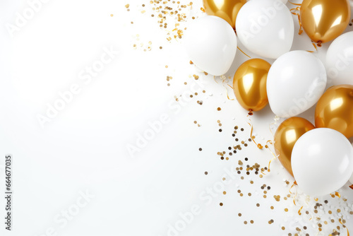 White and golden balloons on white background tio view with copy space