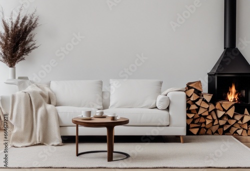 A cozy couch covered with a blanket and a wooden table in front of a fireplace with a pile of firewood. A modern living room with a minimalist Scandinavian style of interior design.