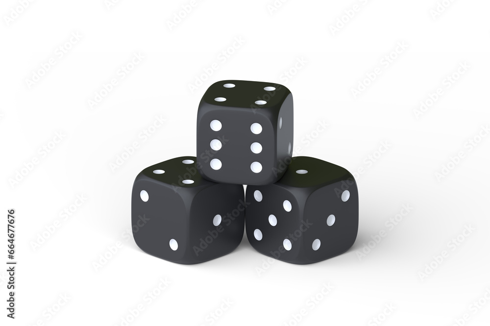 Three black rolling gambling dice isolated on a white background. Lucky dice. Board games. Money bets. 3D render illustration