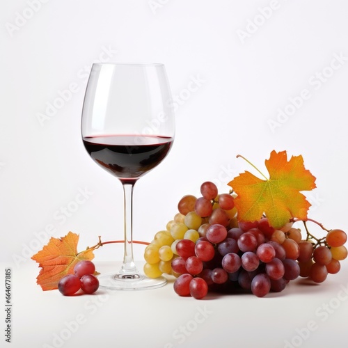 A glass of red wine next to a bunch of grapes. Autumn clip art.