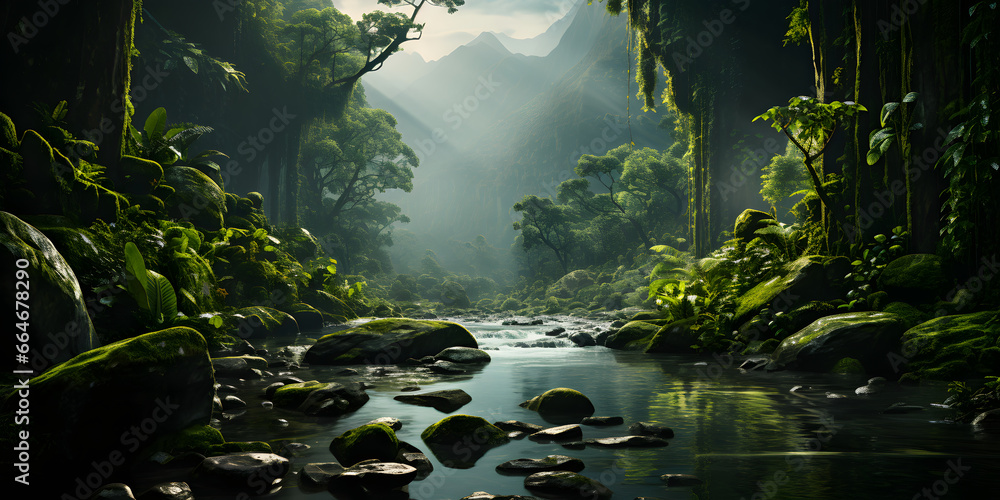 Tropical abundance of greenery. The jungle is a thriving ecosystem with variety of plant life. Sunlight filters through the dense foliage,  falling on the river. Created using Generative AI technology