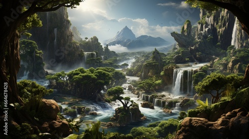 A cascading waterfall on a plateau, framed by lush greenery.