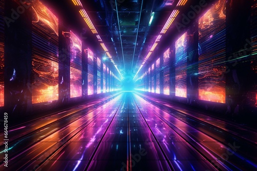 A futuristic background with network  data  server  internet  and speed lines leading into a tunnel of modern technology  neon lights. Generative AI