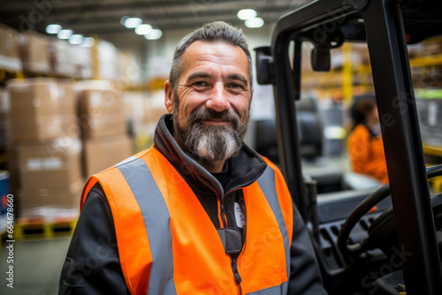 Male forklift driver. Concept of top in demand profession. Portrait with selective focus and copy space