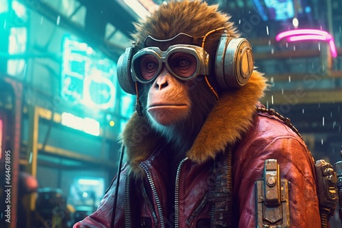 Monkey with intense gaze in futuristic cyberpunk setting. Generative AI
