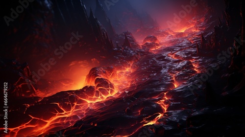 A close-up of molten lava flowing down the slopes of a volcanic mountain, glowing red-hot.