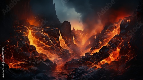A close-up of molten lava flowing down the slopes of a volcanic mountain, glowing red-hot.