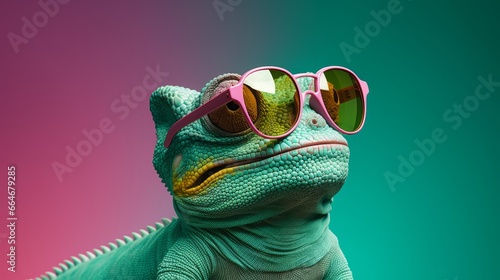 Obraz na płótnie Cool chameleon wearing sunglasses on a solid color background, copy space, 16:9