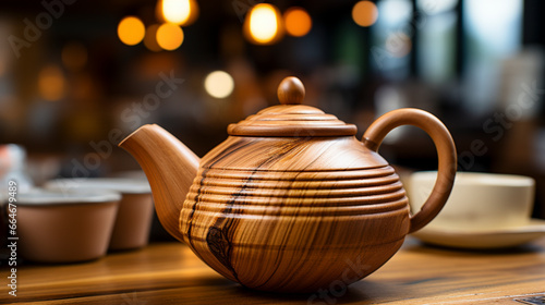 Teapot with cup kept on wooden UHD wallpaper Stock Photographic Image