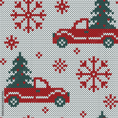 Red truck with Christmas tree jacquard knitted seamless pattern. Winter red and white background for socks or sweater design. Trendy 8 bit game style. Vector illustration.