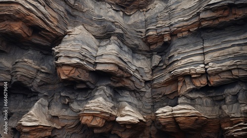 A close-up shot of the intricate rock layers and geological formations in a tilted mountain range.