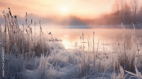 A frozen pond surrounded by tall, snow-covered reeds, their tips dusted with frost.