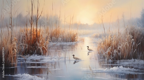 A frozen pond surrounded by tall, snow-covered reeds, their tips dusted with frost.