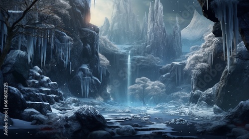 A frozen waterfall surrounded by jagged cliffs, their surfaces glistening with icicles. The pool at the base of the falls is partially frozen, creating a surreal mosaic of ice formations