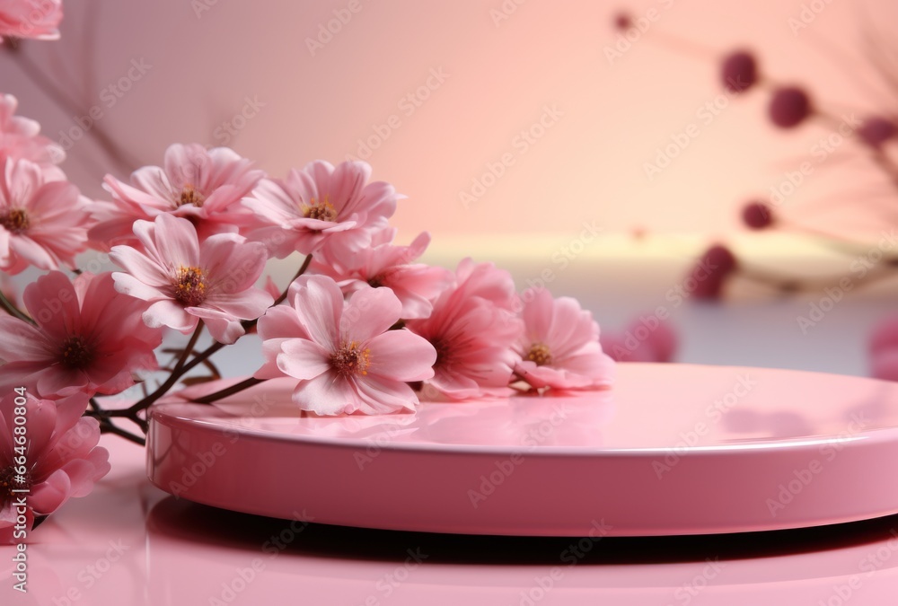 3D background, pink podium. Round display, pink flower 3D background, pink podium. Round display, pink flower