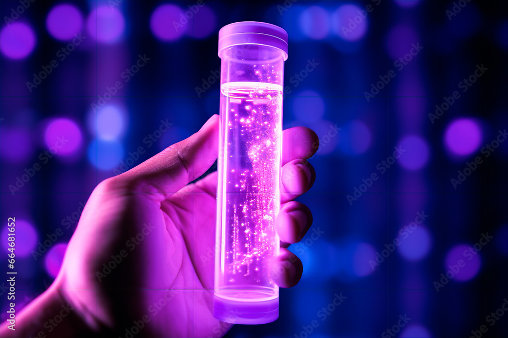Test tube with colored liquid held in a person's hand Test tube with colored liquid held in a person's hand