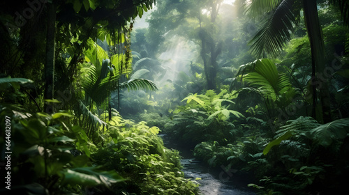 The lush rainforest comes alive as sunlight filters through the thick jungle canopy  illuminating the vibrant greenery and the meandering river that flows gracefully through it. Created using Generati