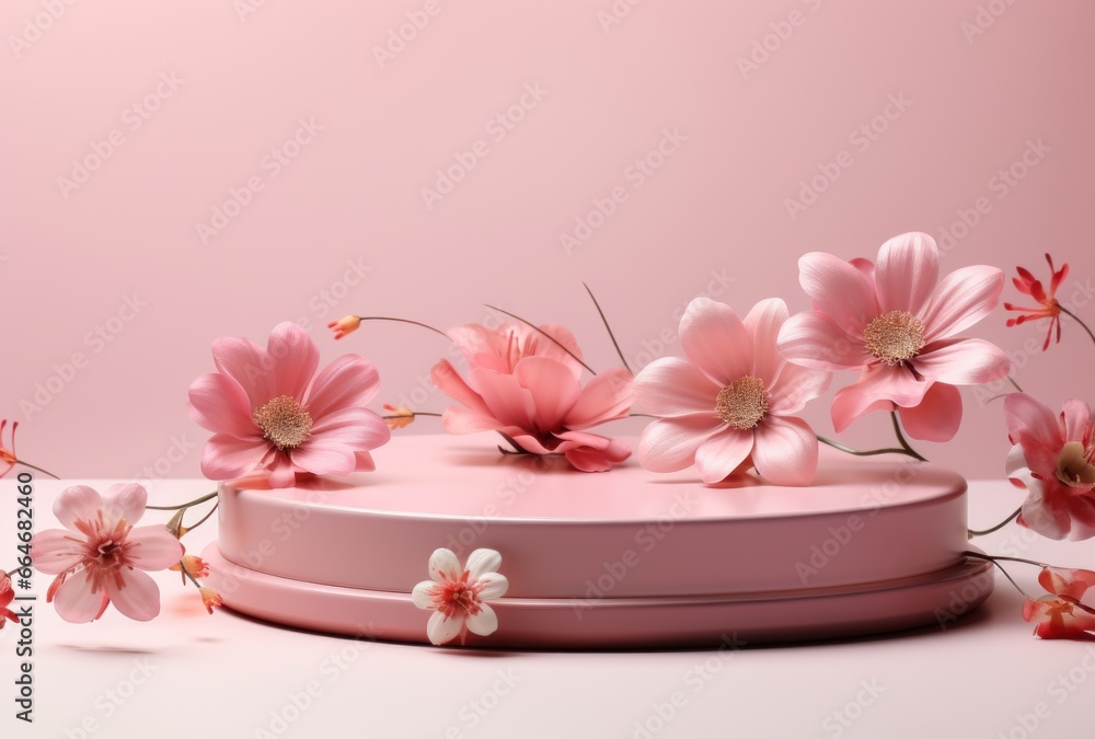 3D background, pink podium. Round display, pink flower 3D background, pink podium. Round display, pink flower
