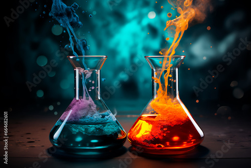 Laboratory flasks with colored liquid photo