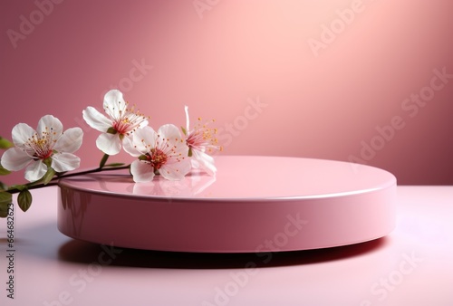 3D background, pink podium. Round display, pink flower